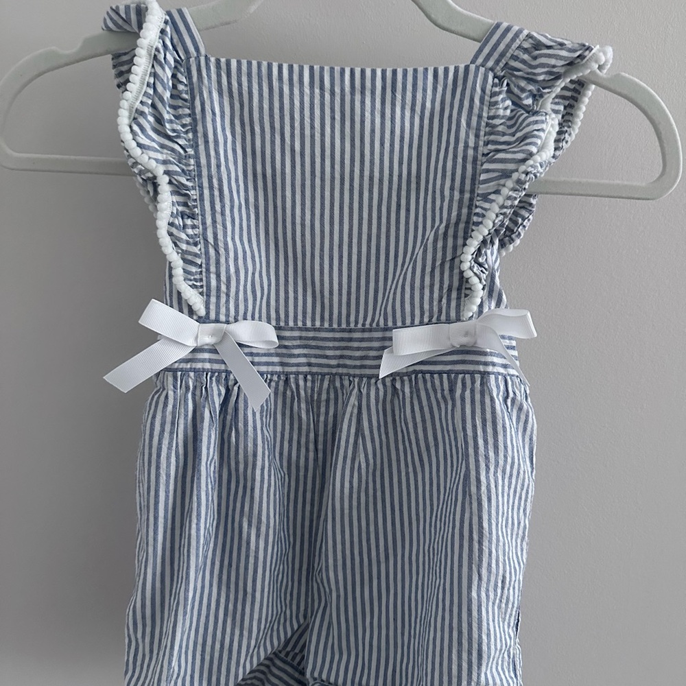 Rare Editions Blue and White Striped Girls' Romper with Ruffle Straps